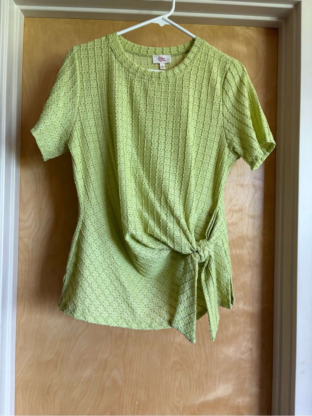 if She Loves Lime Green Eyelet Knit Side-Tie Short Sleeve Top Size L